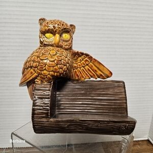 Vintage 70s Scioto Ceramic Productions Owl Figurine on Log Card Holder